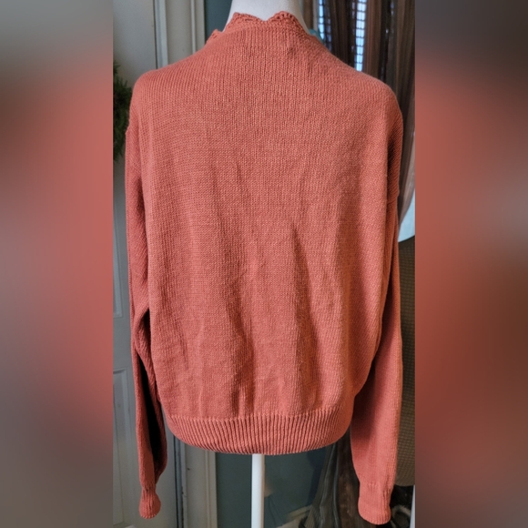 90s Vintg OBR Floral Crochet Open Knit Chunky Cardigan Womens L Rusty Coral Cott - Picture 3 of 10